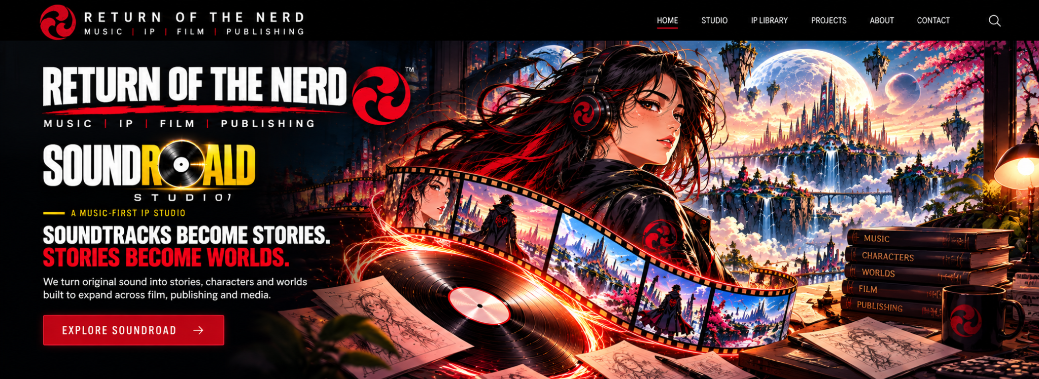 Anime character with headphones amid an illustrated city, filmstrip, records and storyboards