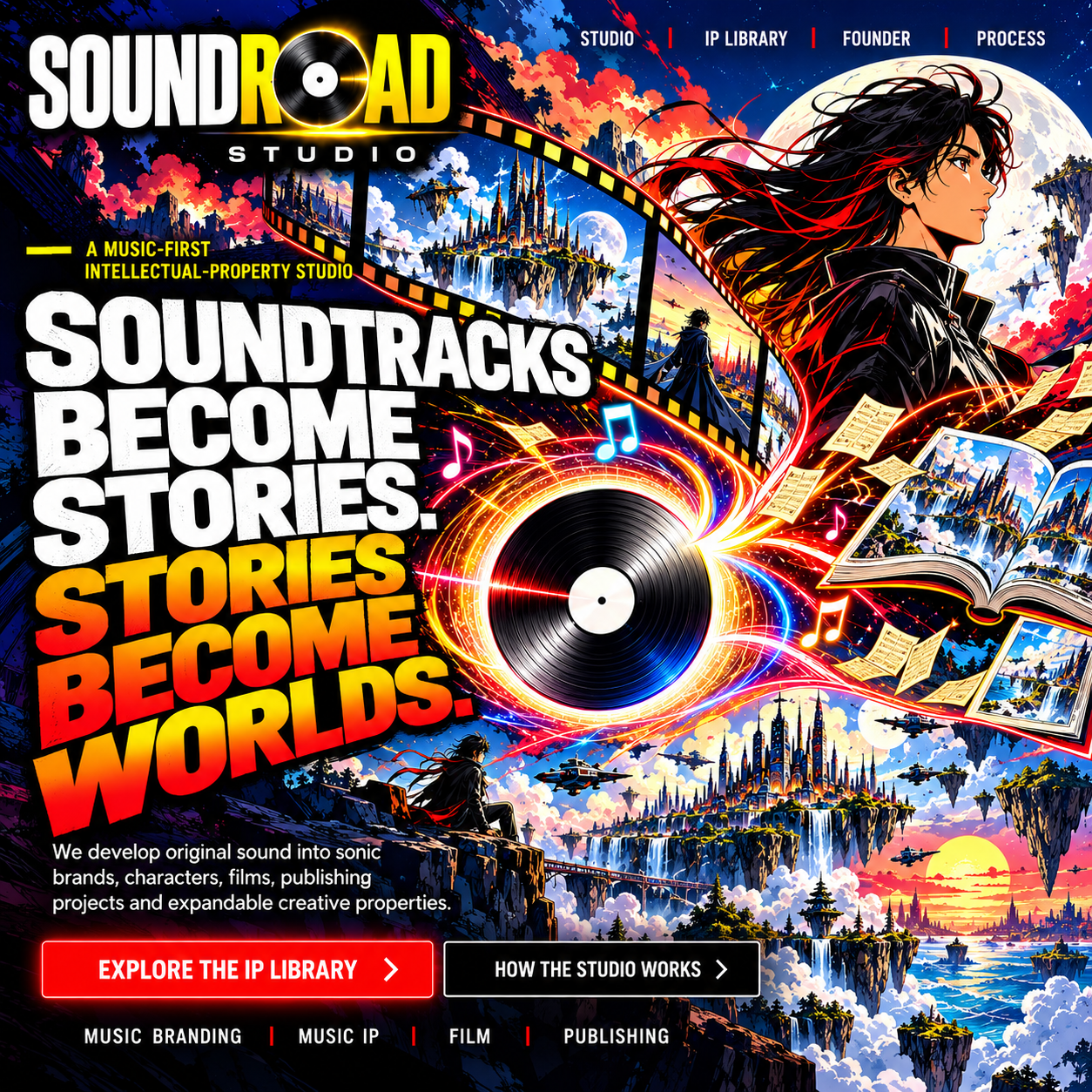 Soundroad Studio concept artwork: a record sends music and film frames into a vivid illustrated world